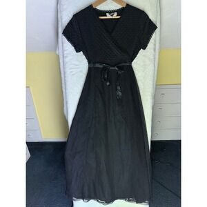Vintage Black Sheer Overlay S Babydoll Dress V-neck Long Formal Prom Y2K 90s 80s